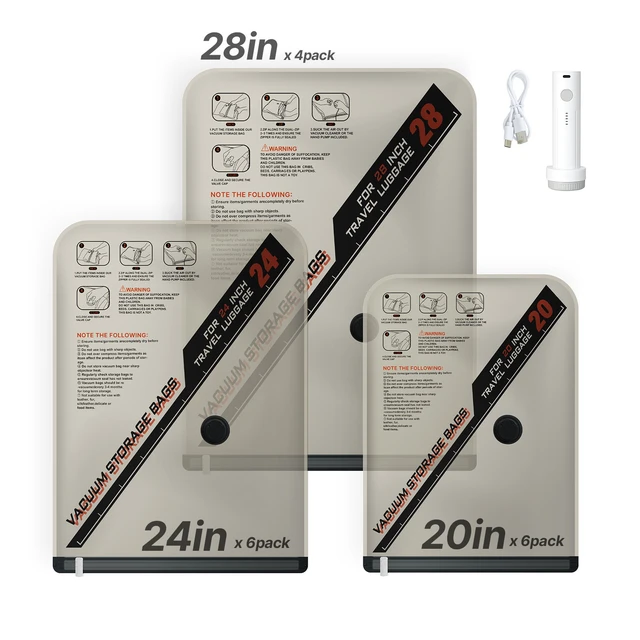 Alt view image 8 of 8 - VEVOR Vacuum Storage Bags, 16 Pack Space Saver Vacuum Seal Bags for Clothing, with Pump and Charging Cable, Double Zipper Seal, Thickened PA and PE, Compression for Clothes Storage, Travel Luggage