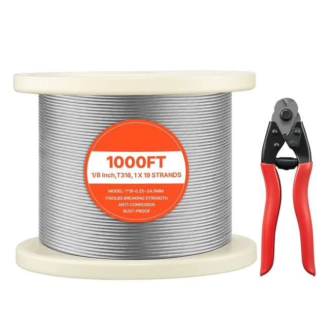 Alt view image 9 of 9 - T316 1x19 Stainless Steel Cable 1/8" Cable Rail Wire Rope Aircraft Cable 984FT