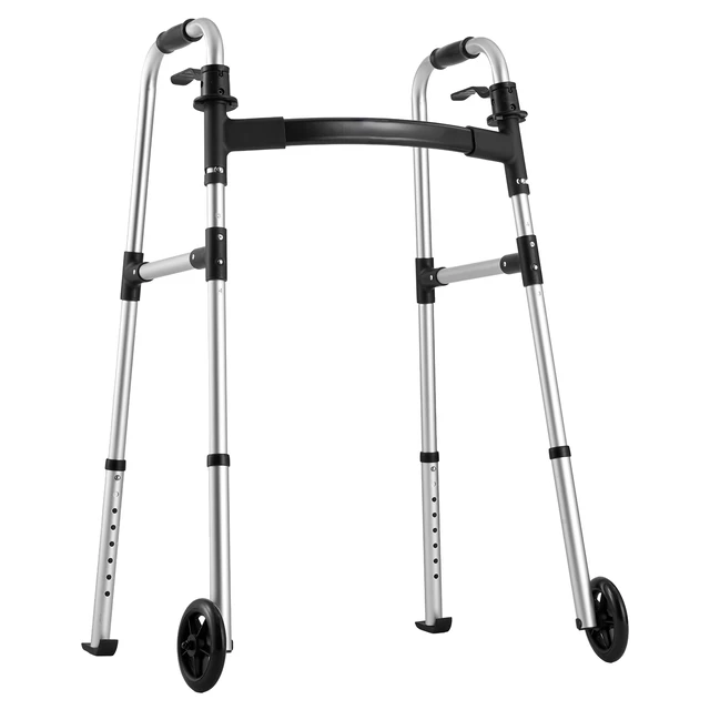 Alt view image 8 of 8 - Folding Walker, 2-Button Foldable Walker with 5" Wheels & 8-Level Adjustable Height, 350LBS Loading Lightweight Aluminum Mobility Walking Aid, Front-Wheeled Rolling Walkers for Seniors Adults