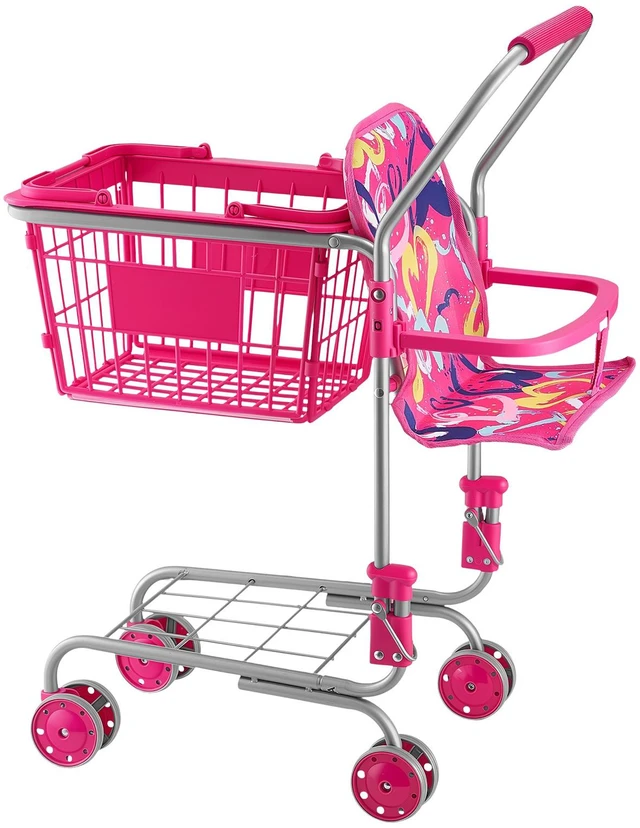 Alt view image 8 of 8 - VEVOR Shopping Cart for Kids, Sturdy Metal Frame, Toy Shopping Cart with Baby Doll, 4 Rolling Wheels, Doll Seat Carrier, Grocery Pretend Play Toy Trolley, Folds for Easy Storage, for Toddlers Ages 3+