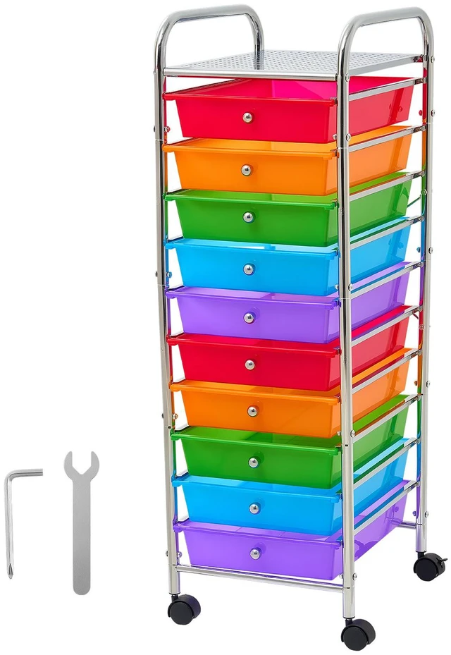 Main image of VEVOR Rolling Cart with Drawers, 10 Drawer Storage Organizer, Mobile Utility Cart with Steel Frame, Universal Casters & 2 Brakes, Great for Office, Classroom, Craft Tools, Garage, Studio, Rainbow