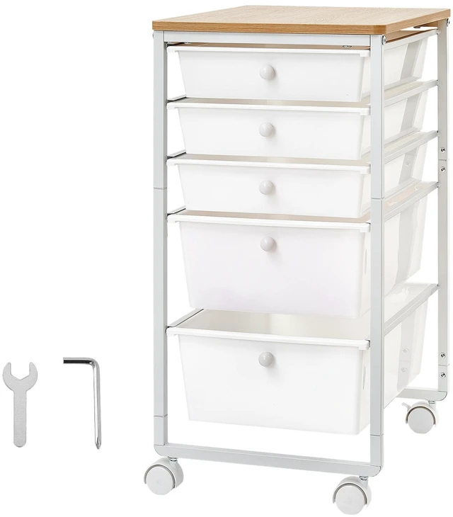 Main image of VEVOR Rolling Cart with Drawers, 5 Drawer Storage Organizer, Mobile Utility Cart with Wood Top, Steel Frame, Universal Casters & 2 Brakes, for Office, Classroom, Craft Supplies, Bedroom, Makeup, White
