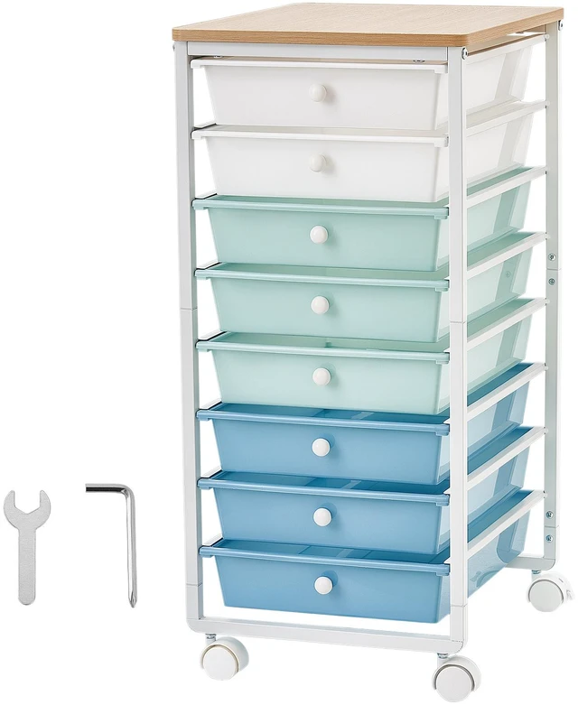 Main image of VEVOR Rolling Cart with Drawers, 8 Drawer Storage Organizer, Mobile Utility Cart with Wood Top, Steel Frame, Universal Casters & 2 Brakes, for Office, Classroom, Craft Supplies, Bedroom, Green Blue