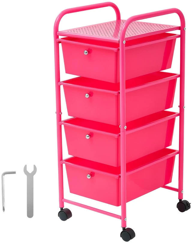 Main image of VEVOR Rolling Cart with Drawers, 4 Drawer Storage Organizer, Mobile Utility Cart with Steel Frame, Universal Casters & 2 Brakes, for Office, Classroom, Craft Tools, Garage, Cleaning Supplies, Rose Red