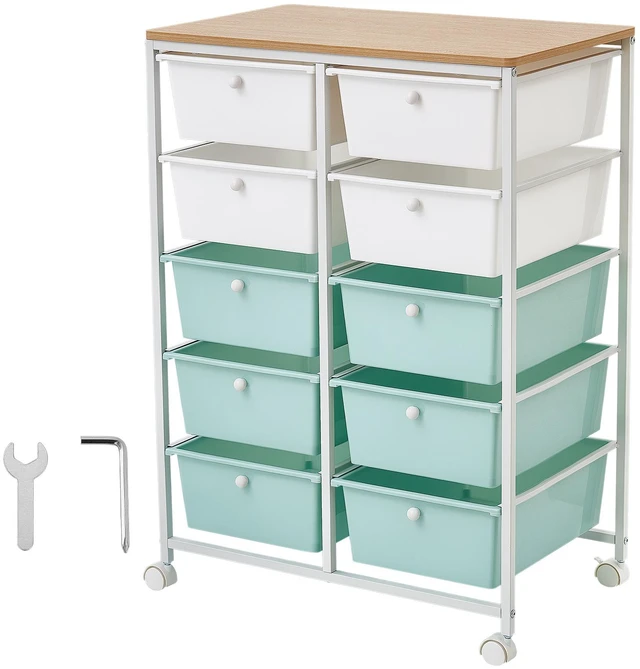 Main image of VEVOR Rolling Cart with Drawers, Double Row 10 Drawer Storage Organizer, Mobile Utility Cart, Wood Top, Steel Frame, Universal Casters & 2 Brakes, for Office, Classroom, Craft Room, Studio, Blue White