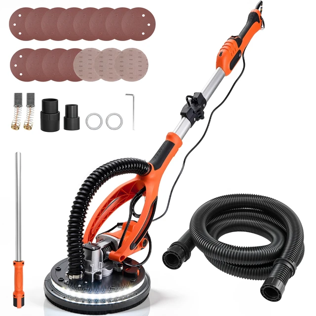 Alt view image 8 of 8 - VEVOR Drywall Sander, 850W Electric Drywall Sander, Popcorn Ceiling Removal Tool with 5 Variable Speed 800-1700 RPM, Double-Deck LED Light, Foldable & Extendable Handle, 15 Sanding Discs, Dust Hose