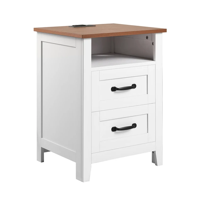 Alt view image 7 of 7 - VEVOR Farmhouse Nightstand, with Charging Station, End Table with 2 Drawers and Open Shelf, Bedside Storage Cabinet, Rustic Side Table with USB Port and AC Outlets, for Bedroom, Living Room, White