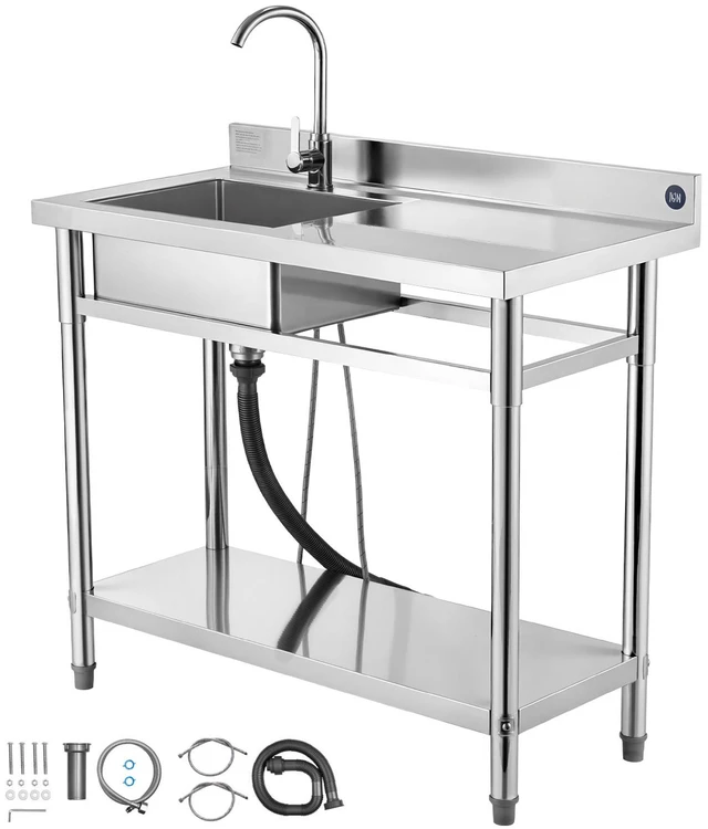 Alt view image 9 of 9 - VEVOR Stainless Steel Utility Sink, Free Standing Single Bowl Commercial Kitchen Sink with Faucet, 39.4 x 19.7 x 37 in, Utility Right Basin with Hot & Cold Water Pipe for Garage, Restaurant, Laundry