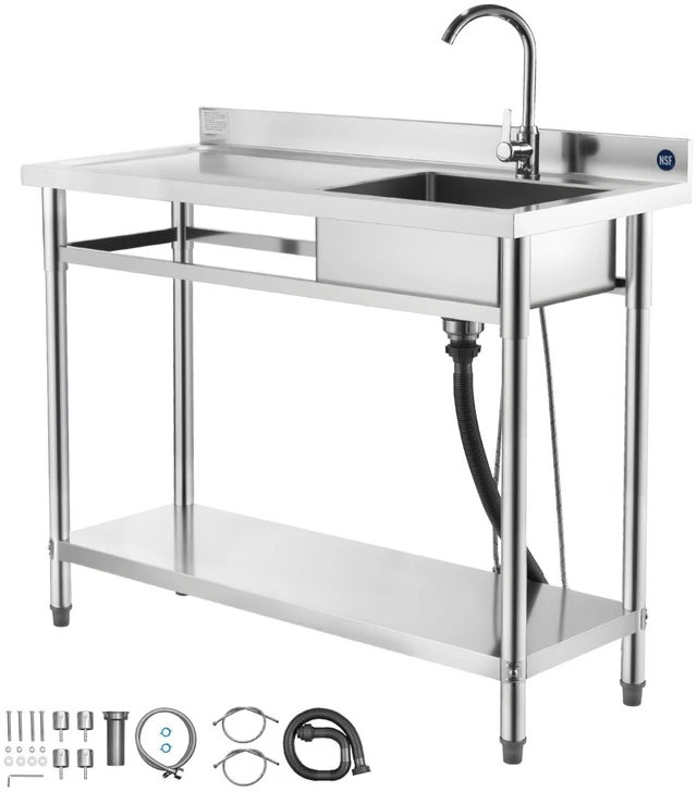Alt view image 9 of 9 - VEVOR Stainless Steel Utility Sink, Free Standing Single Bowl Commercial Kitchen Sink with Faucet, Utility Left Basin Workbench with Hot & Cold Water Pipe for Garage Restaurant Laundry, 47x19.7x37 in