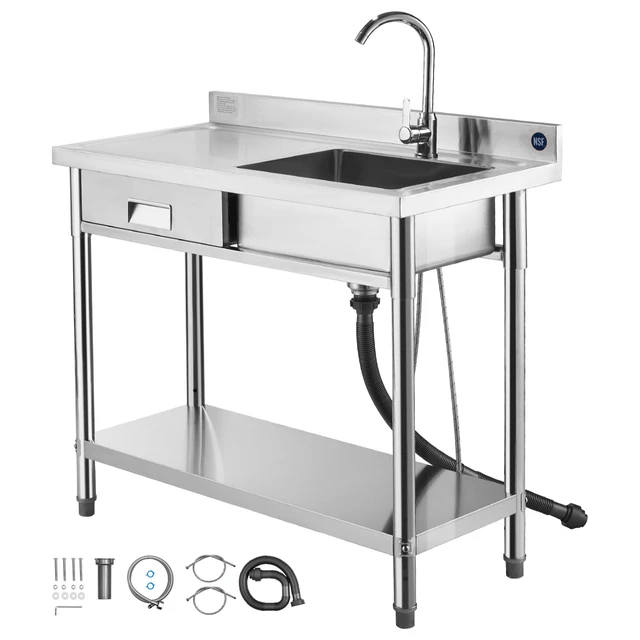 Alt view image 9 of 9 - VEVOR Stainless Steel Utility Sink, Free Standing Single Bowl Commercial Kitchen Sink with Drawer, Faucet and Hot & Cold Water Pipe, Utility Basin for Garage Restaurant Laundry, 39.4 x 19.7 x 37 in