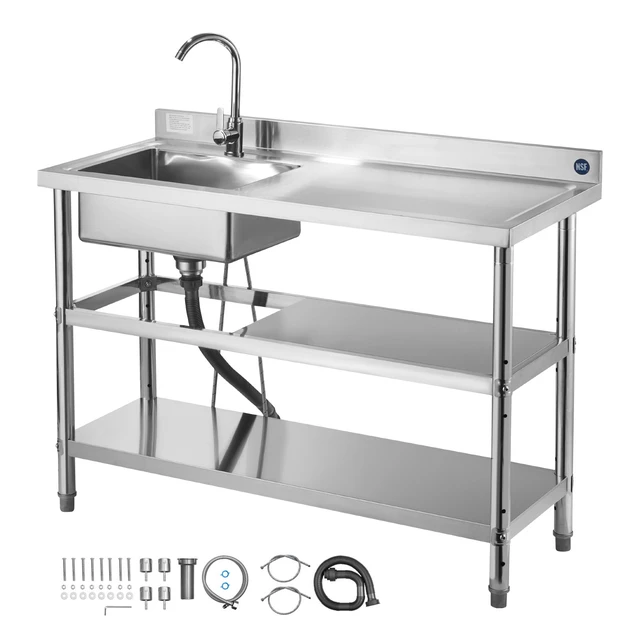 Alt view image 9 of 9 - Stainless Steel Utility Sink, Free Standing Single Bowl Commercial Kitchen Sink with Faucet and Hot & Cold Water Pipe, Dual Storage Shelves for Garage, Restaurant, Laundry, 47.2 x 19.7 x 37 in