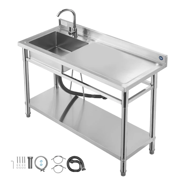 Alt view image 9 of 9 - VEVOR Stainless Steel Utility Sink, Free Standing Single Bowl Commercial Kitchen Sink with Faucet, Utility Right Basin Workbench with Hot & Cold Water Pipe for Garage Restaurant Laundry, 47x19.7x37 in