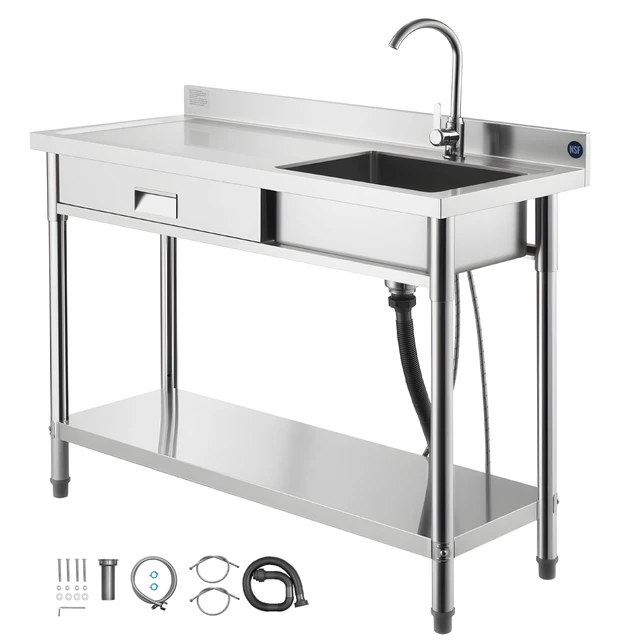 Alt view image 9 of 9 - Stainless Steel Utility Sink, Rolling Single Bowl Commercial Kitchen Sink with Drawer, Faucet and Hot & Cold Water Pipe, Utility Basin for Garage, Restaurant, Laundry, 47.2 x 19.7 x 37 in