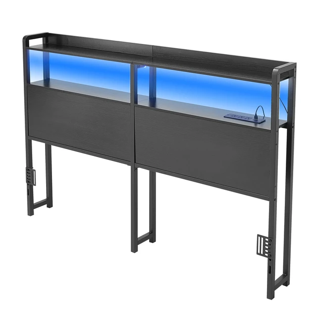 Alt view image 15 of 15 - VEVOR Headboard for Queen Size Bed, Adjustable Height Headboard with 2 Shelves Storage, Freestanding Head Board with Charging Station and LED Light for Different Bed Frames, Easy Assembly, Black