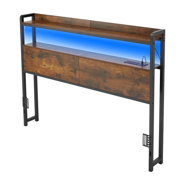 Alt view image 15 of 15 - Headboard for Full Size Bed, Adjustable Height Headboard with 2 Shelves Storage, Freestanding Head Board with Charging Station and LED Light for Different Bed Frames, Easy Assembly, Brown