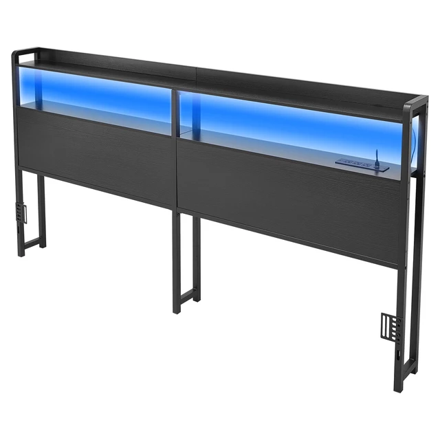 Alt view image 9 of 9 - Headboard for King Size Bed, Adjustable Height Headboard with 2 Shelves Storage, Freestanding Head Board with Charging Station and LED Light for Different Bed Frames, Easy Assembly, Black