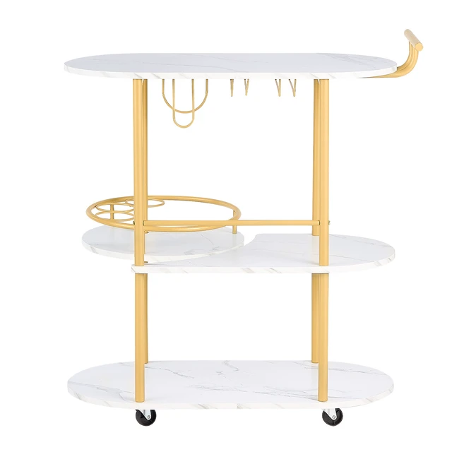 Alt view image 8 of 8 - VEVOR Bar Cart, 3 Tiers Home Kitchen Serving Carts, Modern Round Rolling Utility Station on Wheels, Mobile Drink Beverage Trolley w/ Wooden Shelf, Wine Rack, Glass Holder, for Living Dining Room, Gold