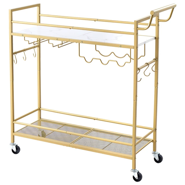 Alt view image 8 of 8 - VEVOR Bar Cart, 2 Tiers Home Kitchen Serving Carts, Modern Rolling Utility Station on Wheel, Mobile Drink Beverage Trolley with Wooden & Mesh Shelf, Wine Rack, Glass Holder, 33.86x11.81x32.68 in, Gold