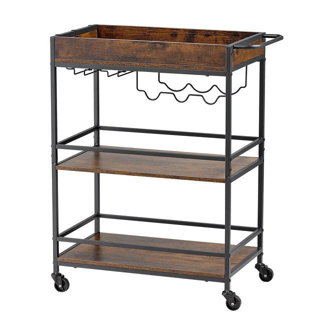 Alt view image 8 of 8 - VEVOR Bar Cart, 3 Tiers Home Kitchen Serving Carts, Industrial Rolling Utility Station on Wheel, Mobile Drink Beverage Shelf with Wine Rack & Glass Holder, 26.77x14.17x32.68 in, Rustic Brown and Black
