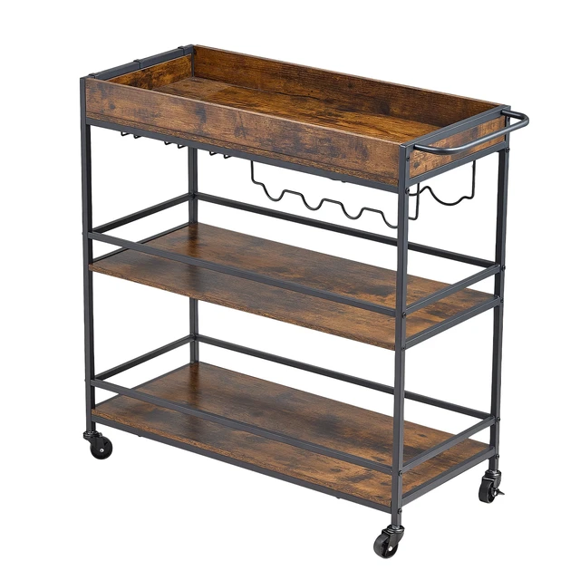Alt view image 8 of 8 - VEVOR Bar Cart, 3 Tiers Home Kitchen Serving Carts, Industrial Rolling Utility Station on Wheel, Mobile Drink Beverage Shelf with Wine Rack & Glass Holder, 34.64x14.17x32.68 in, Rustic Brown and Black