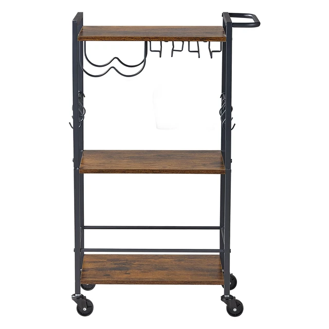 Alt view image 8 of 8 - VEVOR Bar Cart, 3 Tiers Home Kitchen Serving Carts, Industrial Rolling Utility Station on Wheel, Mobile Drink Beverage Shelf with Wine Rack & Glass Holder, 20.08x11.02x33.07 in, Rustic Brown and Black
