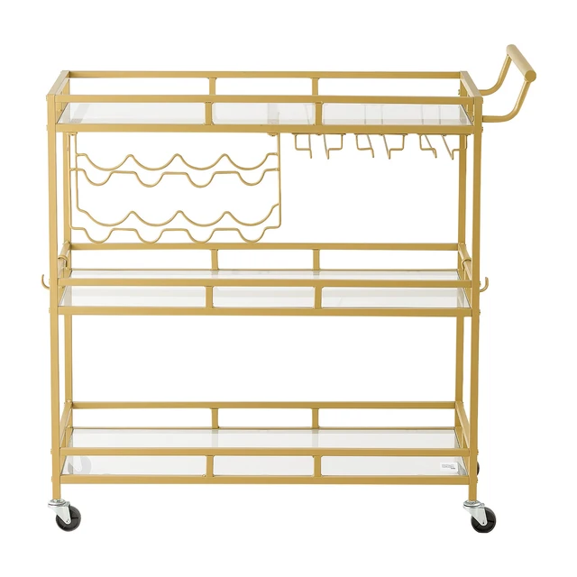 Alt view image 8 of 8 - VEVOR Bar Cart, 3 Tiers Home Kitchen Serving Carts, Modern Rolling Utility Station on Wheels, Drink Beverage Trolley with Tempered Glass Shelves, Wine Rack, Glass Holder, for Living Dining Room, Gold