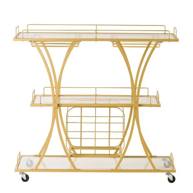 Alt view image 8 of 8 - VEVOR Bar Cart, 3 Tiers Home Kitchen Serving Carts, Modern Rolling Utility Station on Wheels, Drink Beverage Trolley with Tempered Glass Shelves, Wine Rack, Glass Holder, for Living Dining Room, Gold