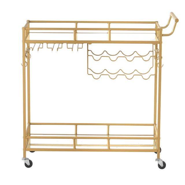 Alt view image 8 of 8 - VEVOR Bar Cart, 2 Tiers Home Kitchen Serving Carts, Modern Rolling Utility Station on Wheels, Drink Beverage Trolley with Mirrored Glass Shelves, Wine Rack, Glass Holder, for Living Dining Room, Gold