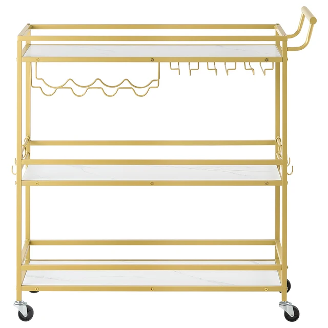 Alt view image 8 of 8 - VEVOR Bar Cart, 3 Tiers Home Kitchen Serving Carts, Modern Rolling Utility Station on Wheels, Mobile Drink Beverage Trolley with Wooden Shelf, Wine Rack, and Glass Holder, 35.83x12.99x36.81 in, Gold