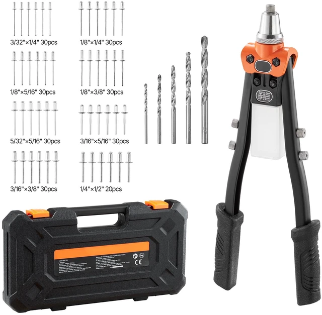 Alt view image 2 of 2 - Vevor Pop Rivet Gun Kit, with 230 Blind Rivets, Two-Handed Riveter with 5 Interchangeable Nosepieces, 5 Drill Bits, and a Carrying Case, Manual Riveting Tool for Metal, Automotive, Home, and DIY
