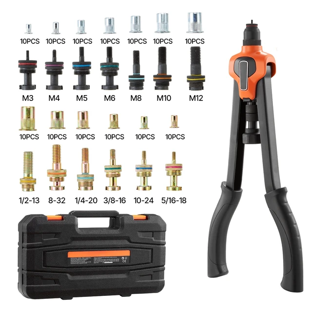 Alt view image 8 of 8 - VEVOR Rivet Nut Tool Kit, 17-Inch Rivnut Tool Kit, with 13 Mandrels and 130 Nuts, Metric and SAE Size M3, M4, M5, M6, M8, M10, M12, 1/2-13, 8-32, 10-24, 1/4-20, 5/16-18, 3/8-16 UNC, a Carrying Case