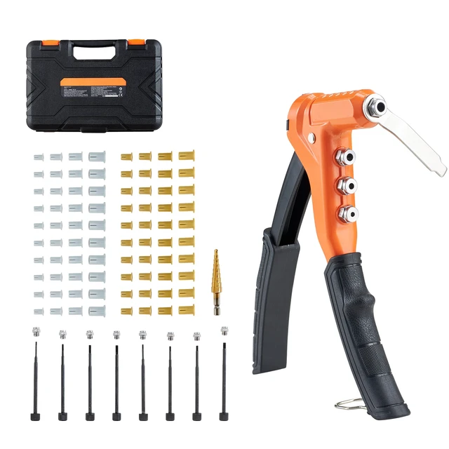 Alt view image 2 of 2 - Vevor Rivet Nut Tool Kit, 9-Inch One-Handed Rivnut Tool Kit, with 8 Mandrels, a Step Drill Bit and 80 Nuts, Metric and SAE Size M3, M4, M5, M6, 6-32, 8-32, 10-24, 1/4-20 UNC, with a Carrying Case