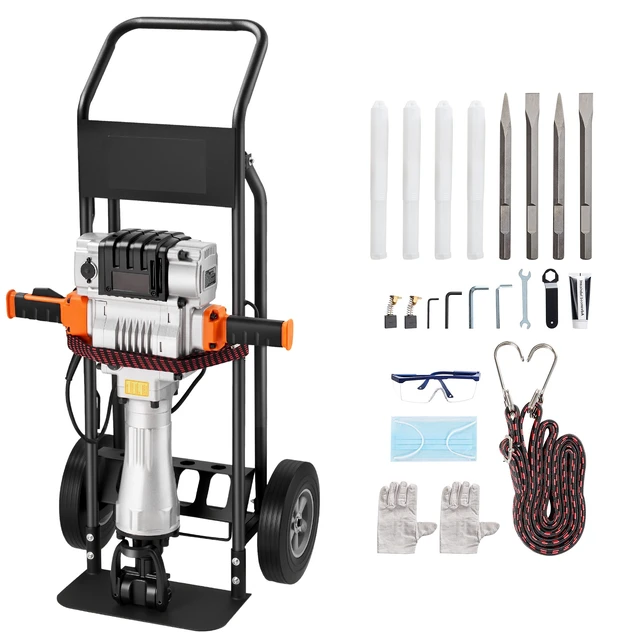 Alt view image 9 of 9 - VEVOR Demolition Jack Hammer, 2100 W Powerful Electric Jackhammer, 1650 BPM Concrete Breaker with 2 Point Chisels, 2 Flat Chisels, Hand Trolley, Gloves, for Concrete, Wall, Brick, Tile and Foundation