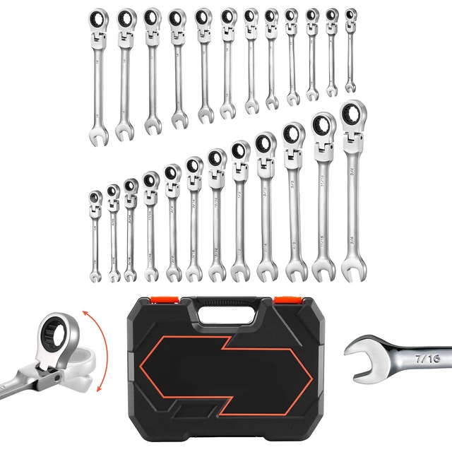 Alt view image 8 of 8 - VEVOR Flex-Head Ratcheting Wrench Set, 24-Piece SAE and Metric, 72 Teeth, Cr-V Steel Ratchet Flexible Combination Wrench Set with Storage Case, for General Household and Automotive Repairs, Silver