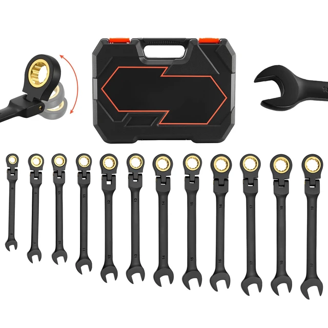Alt view image 8 of 8 - VEVOR Flex-Head Ratcheting Wrench Set, 24-Piece SAE and Metric, 72 Teeth, Cr-V Steel Ratchet Flexible Combination Wrench Set with Storage Case, for General Household and Automotive Repairs, Black