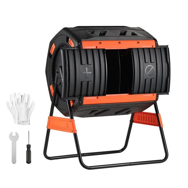 Alt view image 2 of 2 - Vevor Compost Tumbler, 53 Gallon Dual Chamber Outdoor Tumbling Composter with 2 Sliding Doors and Aeration System, Large Easy-Turn Rotating Composting Bin for Outside, Garden, Kitchen, and Yard Waste