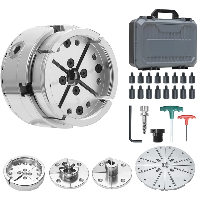 Alt view image 8 of 8 - VEVOR 4 Inch Wood Lathe Chuck, 4-Jaw, Bevel-Gear Self-Centering Wood Turning Chuck Set with 1" x 8TPI Thread & Adapter, 5 PCS Jaws Round/Flat/Step/Pin, Carry Case, Nickel-Plated, for Woodworking Lathe