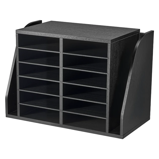 Alt view image 8 of 8 - VEVOR Literature Organizer, 12 Compartments Office Mailbox with Side Vertical Storage, Wooden Mailbox Sorter Made of Particle Board, Countertop Office Home Organizer for File, Document, Paper, Black