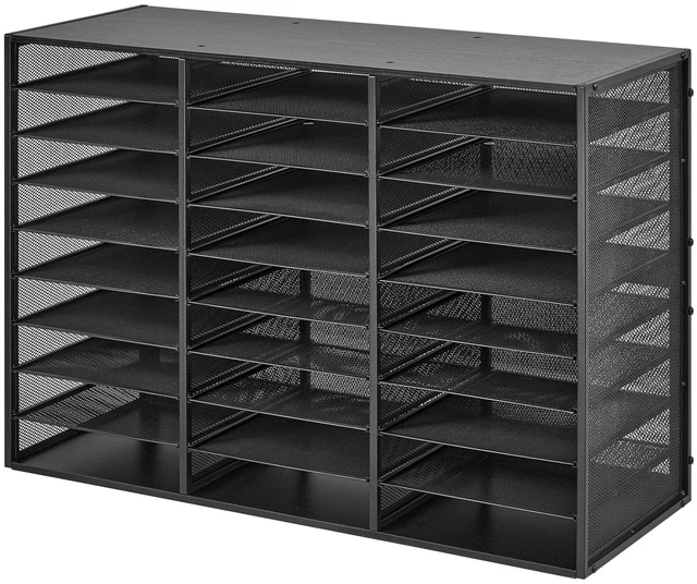 Main image of VEVOR Literature Organizer, 27 Compartments Metal Office Mailbox with Detachable Wire Mesh, Mailbox Sorter with Wooden Top, Countertop Office Home Storage Organizer for File, Document, Paper, Black