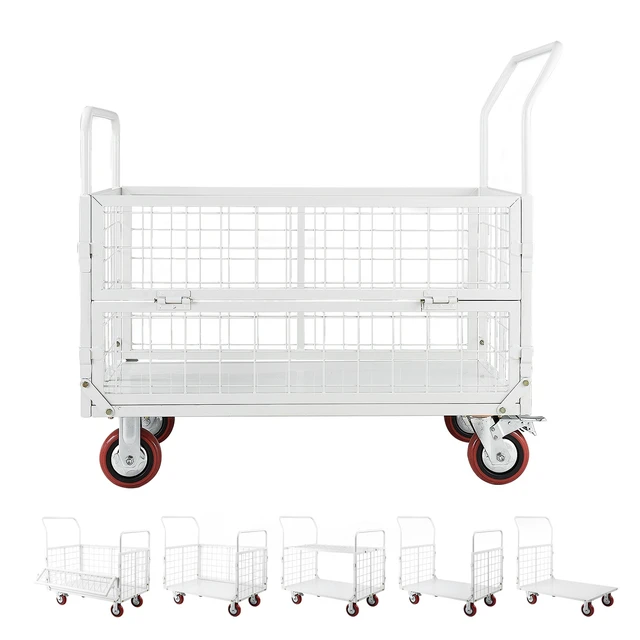 Alt view image 8 of 8 - VEVOR Platform Truck Cart with Cage, 2000 lbs Capacity, 6-in-1 Foldable Flatbed Cart with Swivel Wheels, Heavy Duty Hand Truck, Multi-Functional Push Dolly, for Grocery Laundry, 44.5 x 26.6 x 42.1 in