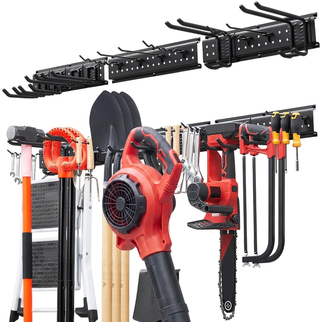 Main image of VEVOR Garage Tool Organizer 49.5 Inch 600 lbs Wall Mount Garden Tool Rack, Heavy Duty Garage Hanging Storage Rack Organization with 3 Rails and 12 Adjustable Hooks, for Yard Tools, Shovel, Rake, Shed