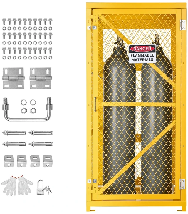 Main image of VEVOR Vertical Cylinder Storage Cabinet, 31"L x 30"W x 65"H, 9 Cylinder Capacity, Propane Storage Cage with Chain, Lock and Keys, Yellow Powder-Coated Carbon Steel, for Propane, Oxygen, Nitrogen