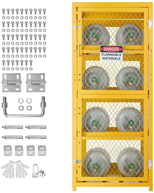 Main image of VEVOR Horizontal Cylinder Storage Cabinet, 30"L x 30"W x 70.3"H, 8 Cylinder Capacity, 4-Tier Propane Storage Cage, with Lock and Keys, Yellow Powder-Coated Carbon Steel, for Propane, Oxygen, Nitrogen