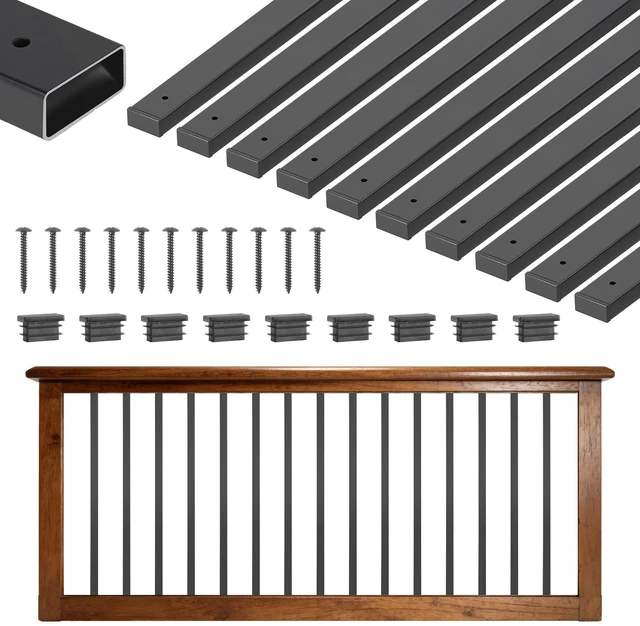 Main image of VEVOR 61 Pack Deck Balusters, 36 in Galvanized Steel Railing Spindles, Hollow Rectangle Metal Decking Stair Balusters with Pre-Drilled Hole, End Caps, Screws, for Deck, Porch & Stair Railing, Black