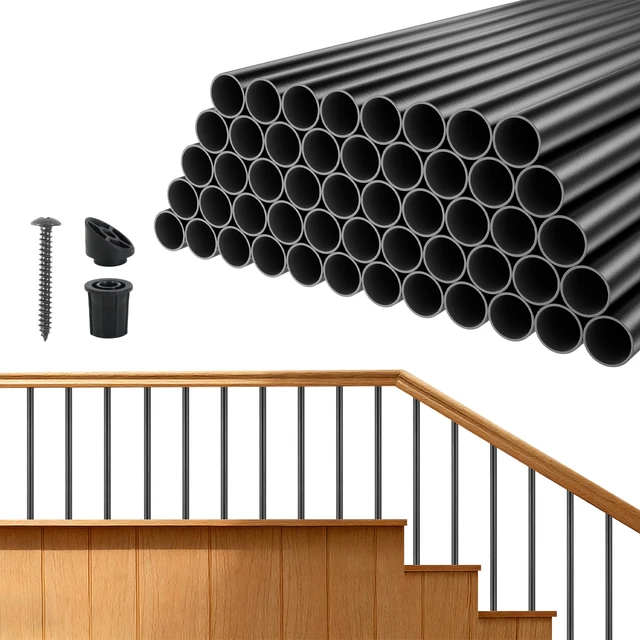 Alt view image 8 of 8 - VEVOR 125 Pack Deck Balusters, 26 in Aluminum Railing Spindles, 3/4 in Diameter Hollow Round Metal Decking Stair Balusters with Connectors, Screws, for Deck, Porch & Staircase Railing Fence, Black