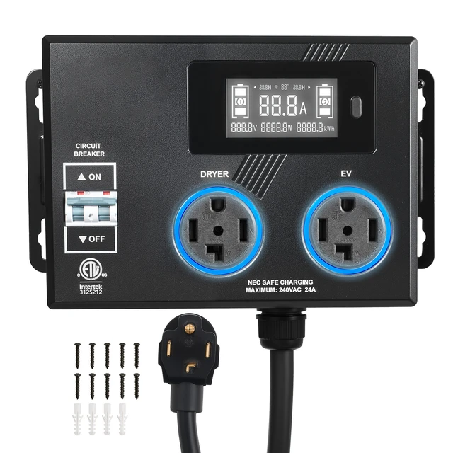 Alt view image 8 of 8 - VEVOR Automatic EV Charging Switch, NEMA 14-30, Splitter Switch for Dryer & EV Charger, 24A Max 240V Smart Power Distribution with Circuit Breaker, Real-Time Display, for EVs, Ovens, Dishwashers, ETL