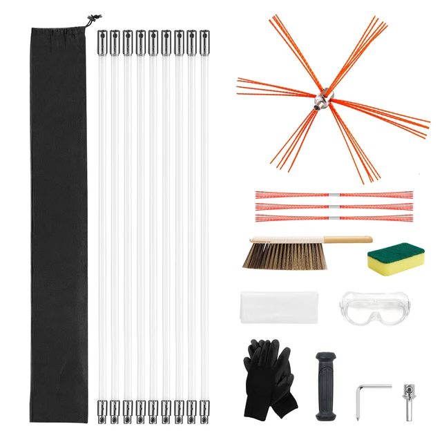Alt view image 9 of 9 - VEVOR Chimney Sweep Kit, 30 ft Maximum Extendable Length Chimney Sweep, Chimneys Cleaning Kit with Bristle Replacements & Goggles, 90° Bendable Fireplace Cleaning Tool, for Square, Rectangle Chimneys