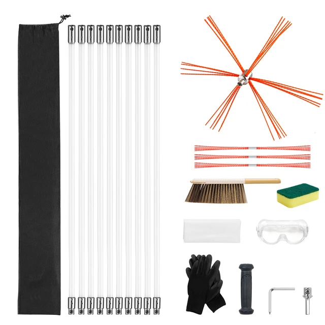 Alt view image 9 of 9 - VEVOR Chimney Sweep Kit, 33 ft Maximum Extendable Length Chimney Brush, Chimneys Cleaning Kit with Bristle Replacements & Goggles, 90° Bendable Fireplace Cleaning Tool, for Square, Rectangle Chimneys