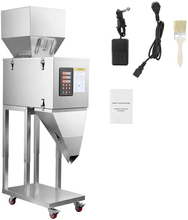 Main image of VEVOR Powder Filling Machine, 10-999g (0.02-2.2lbs) Automatic Particle Dispenser, Stainless Steel, Intelligent Weighing Dispensing Filler with Foot Pedal, for Coffee Beans, Grains, Tea, Spices, Silver
