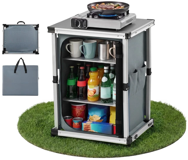 Alt view image 2 of 2 - VEVOR Folding Camping Storage Cabinet, Outdoor Portable Aluminum Lightweight Table, Quick Set-up Compact Kitchen Cook Station, with 3 Shelves and Carry Bag, for Picnic, BBQ, Camping, RV Traveling